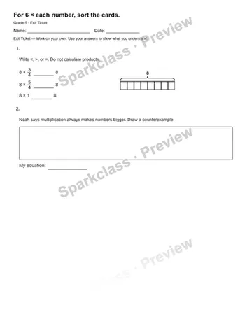 For 6 × each number, sort the cards. — Exit Ticket — Grade 5 worksheet preview