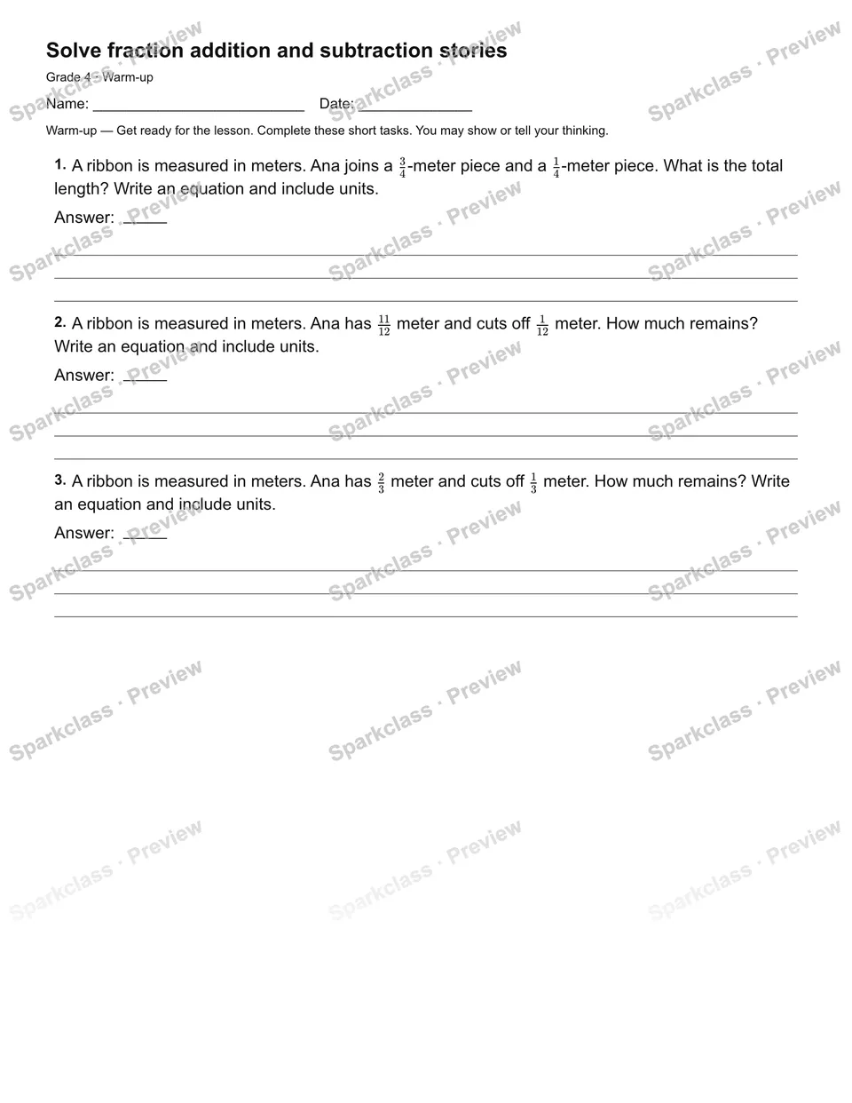 Solve fraction addition and subtraction stories — Warm-up — page 1