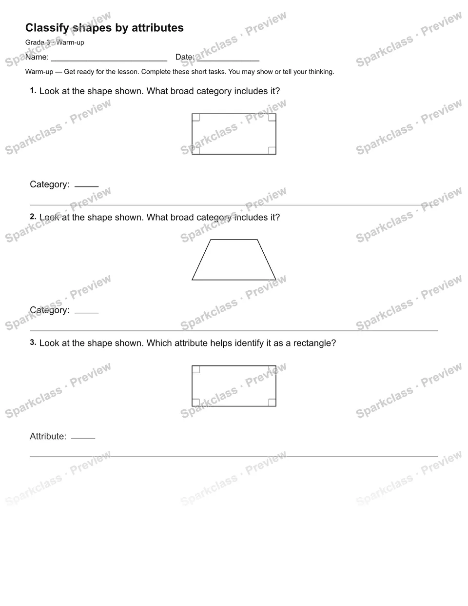 Classify shapes by attributes — Warm-up — page 1
