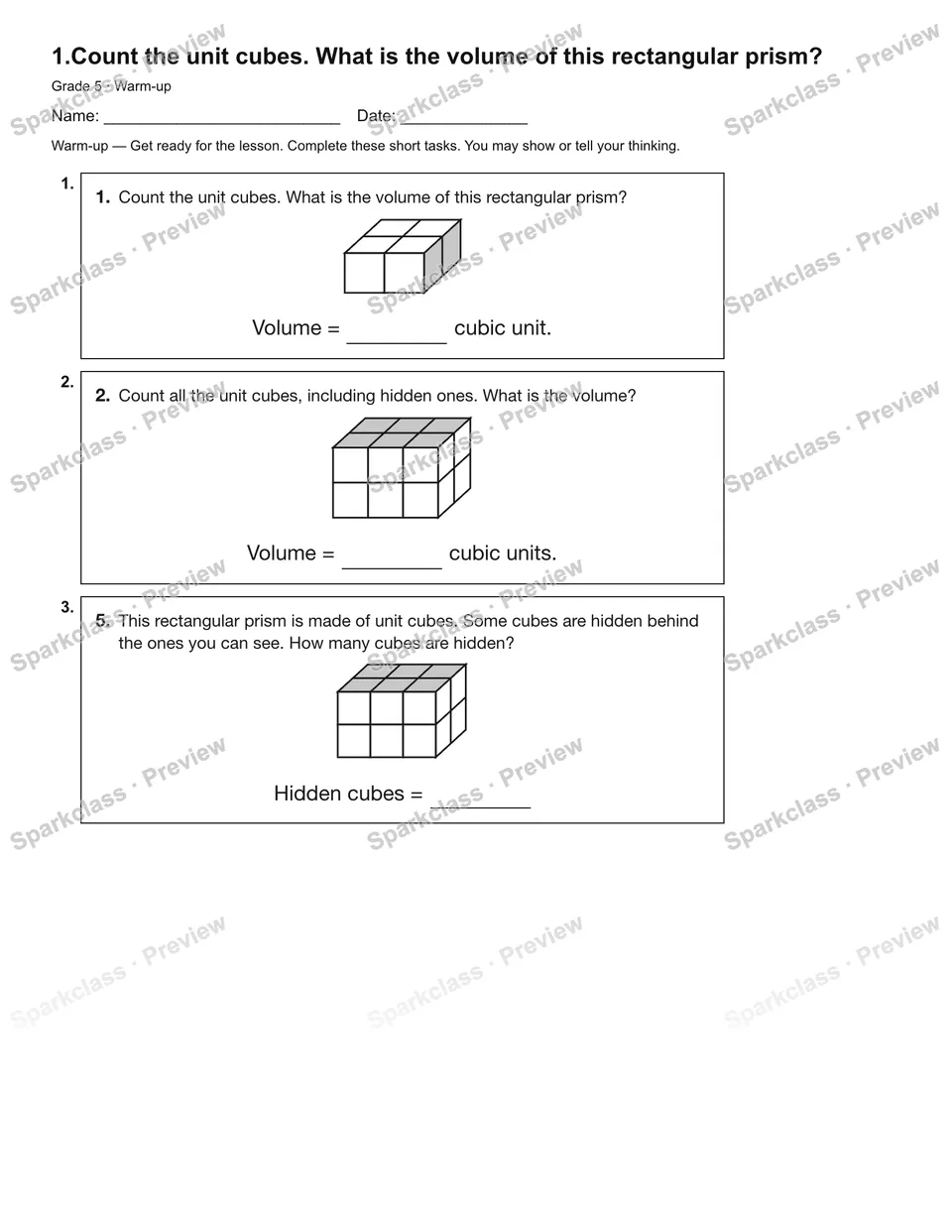 1.Count the unit cubes. What is the volume of this rectangular prism? — Warm-up — page 1