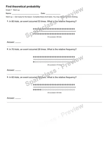 Find theoretical probability — Warm-up — Grade 7 worksheet preview