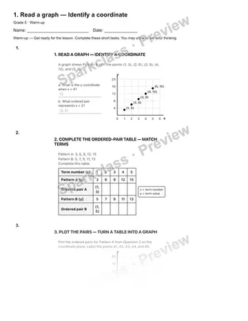1. Read a graph — Identify a coordinate — Warm-up — Grade 5 worksheet preview