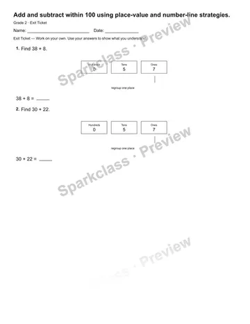 Add and subtract within 100 using place-value and number-line strategies. — Exit Ticket — Grade 2 worksheet preview
