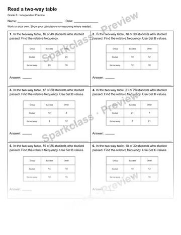 Read a two-way table — Independent Practice — Grade 8 worksheet preview