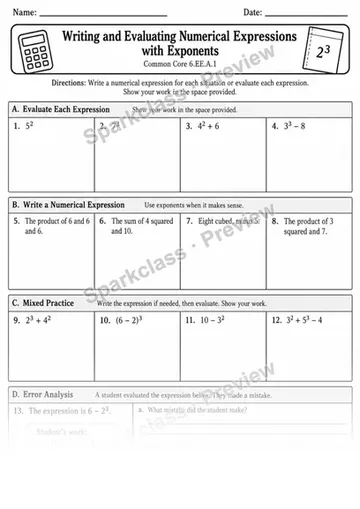 1 Exponents Independent 2 — Grade 6 worksheet preview