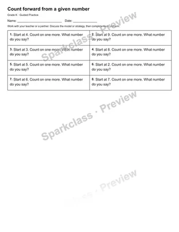 Count forward from a given number — Guided Practice — Kindergarten worksheet preview