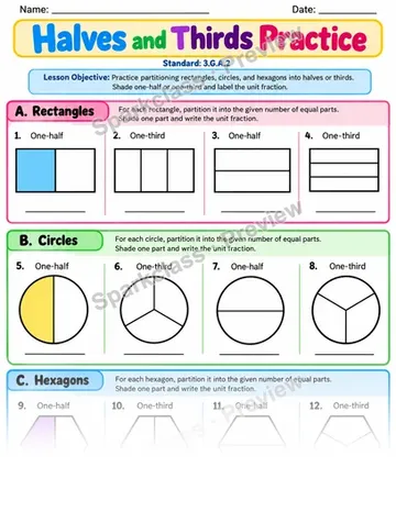 Halves And Thirds Practice — Grade 3 worksheet preview