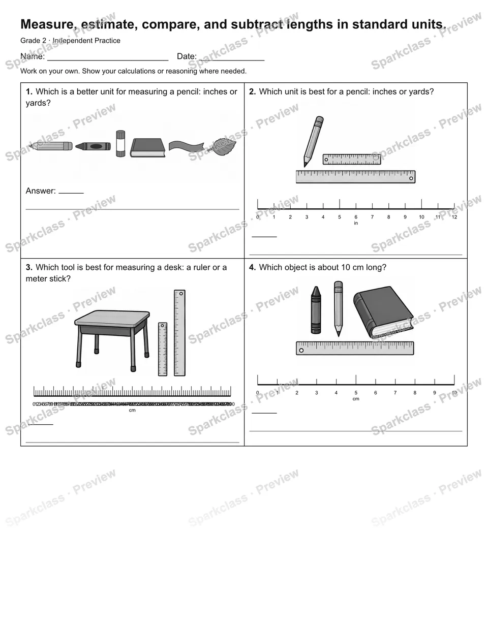 Measure, estimate, compare, and subtract lengths in standard units. — Independent Practice — page 1