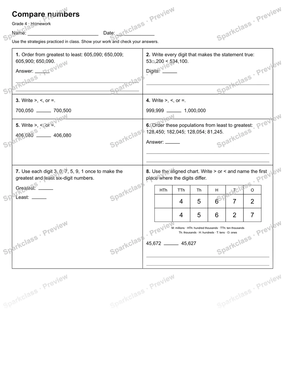 Compare numbers — Homework — page 1