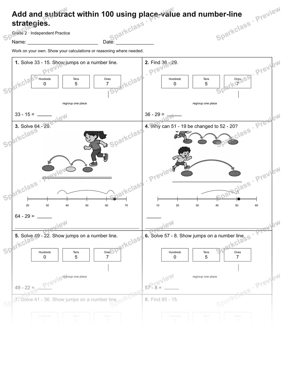 Add and subtract within 100 using place-value and number-line strategies. — Independent Practice — page 1