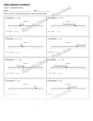 Add rational numbers — Independent Practice — Grade 7 worksheet preview