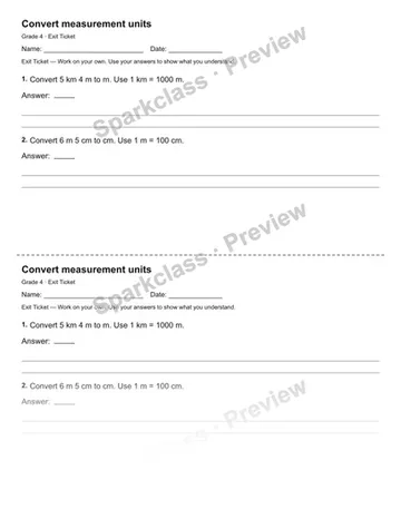 Convert measurement units — Exit Ticket — Grade 4 worksheet preview