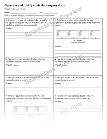 Generate and justify equivalent expressions — Independent Practice — Grade 6 worksheet preview