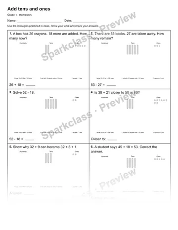 Add tens and ones — Homework — Grade 1 worksheet preview