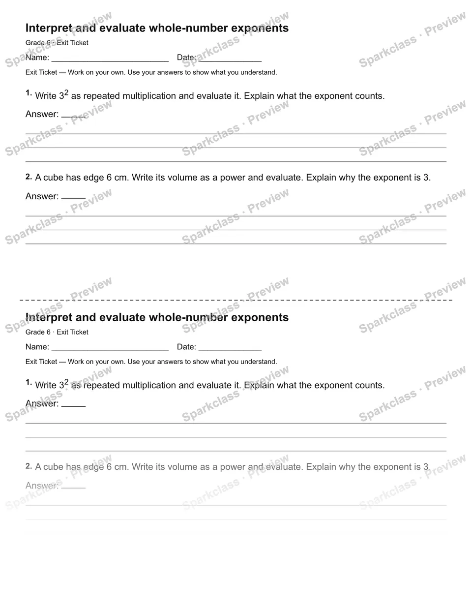 Interpret and evaluate whole-number exponents — Exit Ticket — page 1