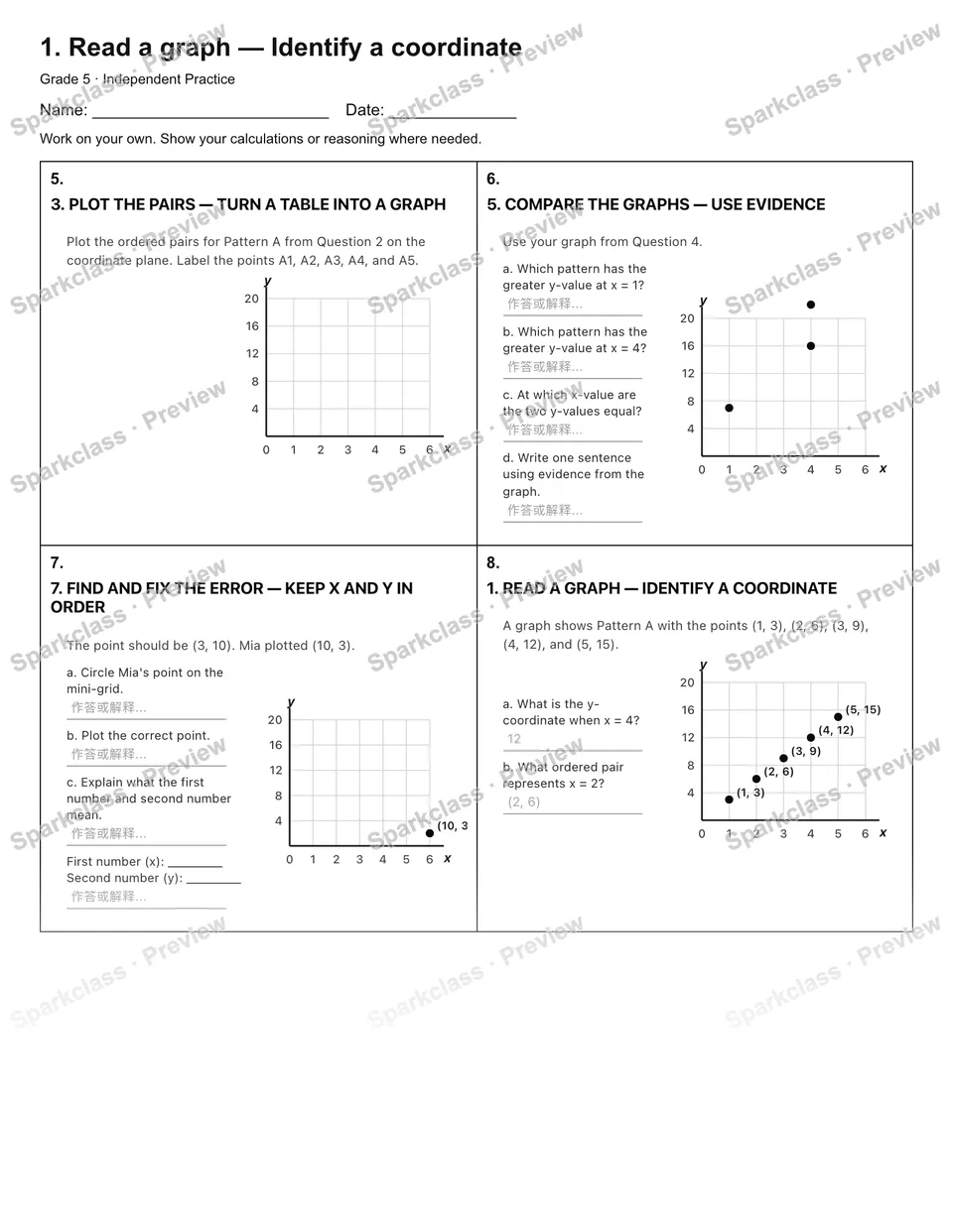 1. Read a graph — Identify a coordinate — Independent Practice — page 2