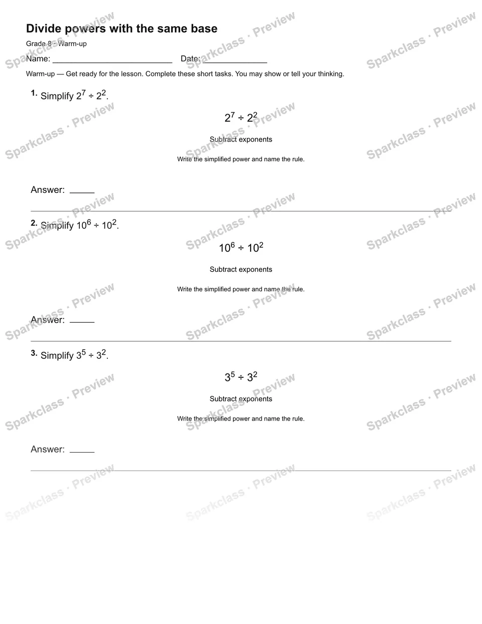 Divide powers with the same base — Warm-up — page 2