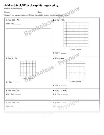 Add within 1,000 and explain regrouping — Guided Practice — Grade 3 worksheet preview