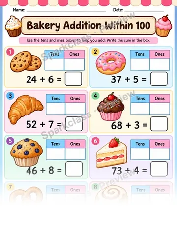 Bakery Addition Within 100 — Grade 1 worksheet preview