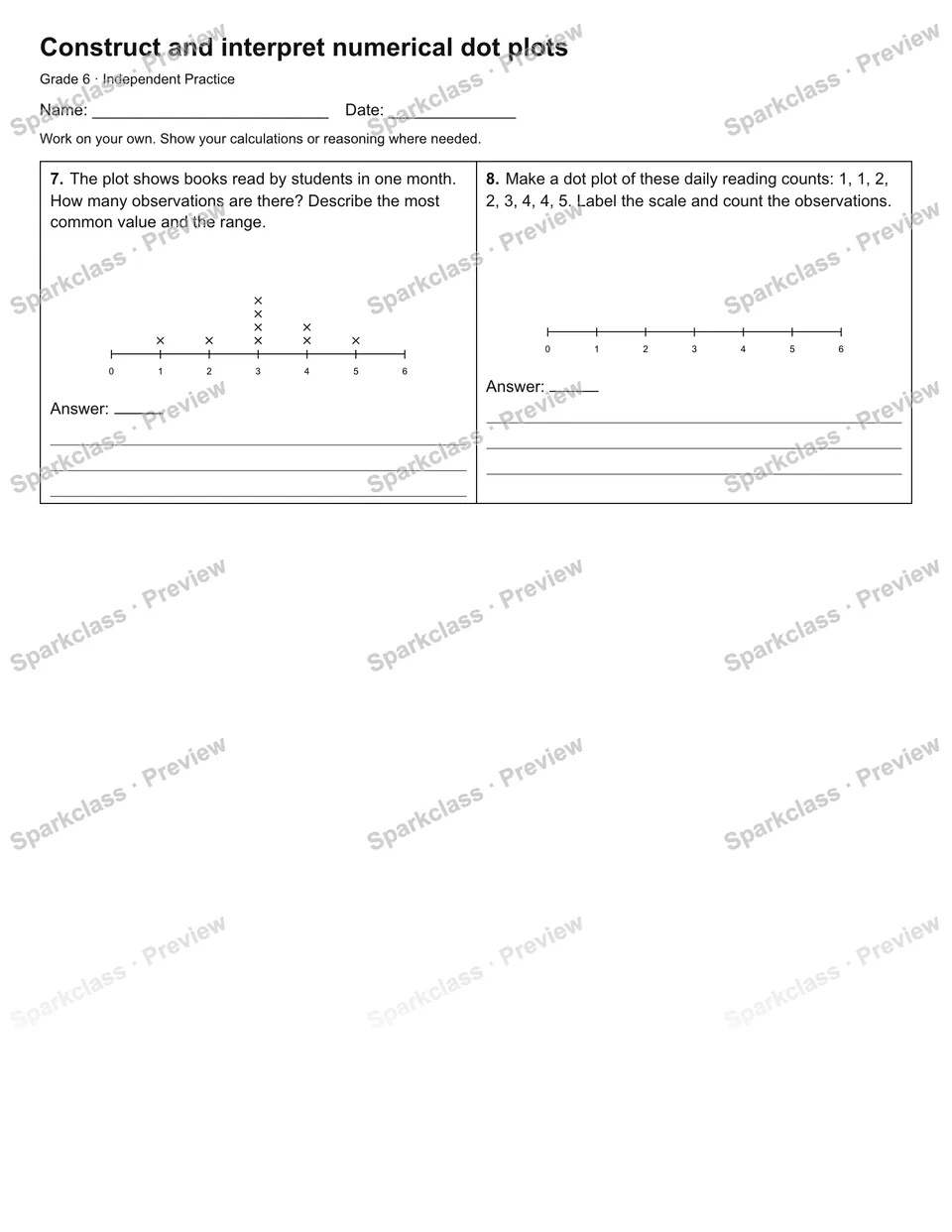 Construct and interpret numerical dot plots — Independent Practice — page 2