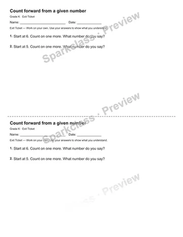 Count forward from a given number — Exit Ticket — Kindergarten worksheet preview