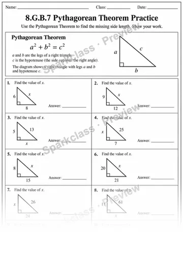 8.G.B.7 · Pythagorean Theorem — Grade 8 worksheet preview