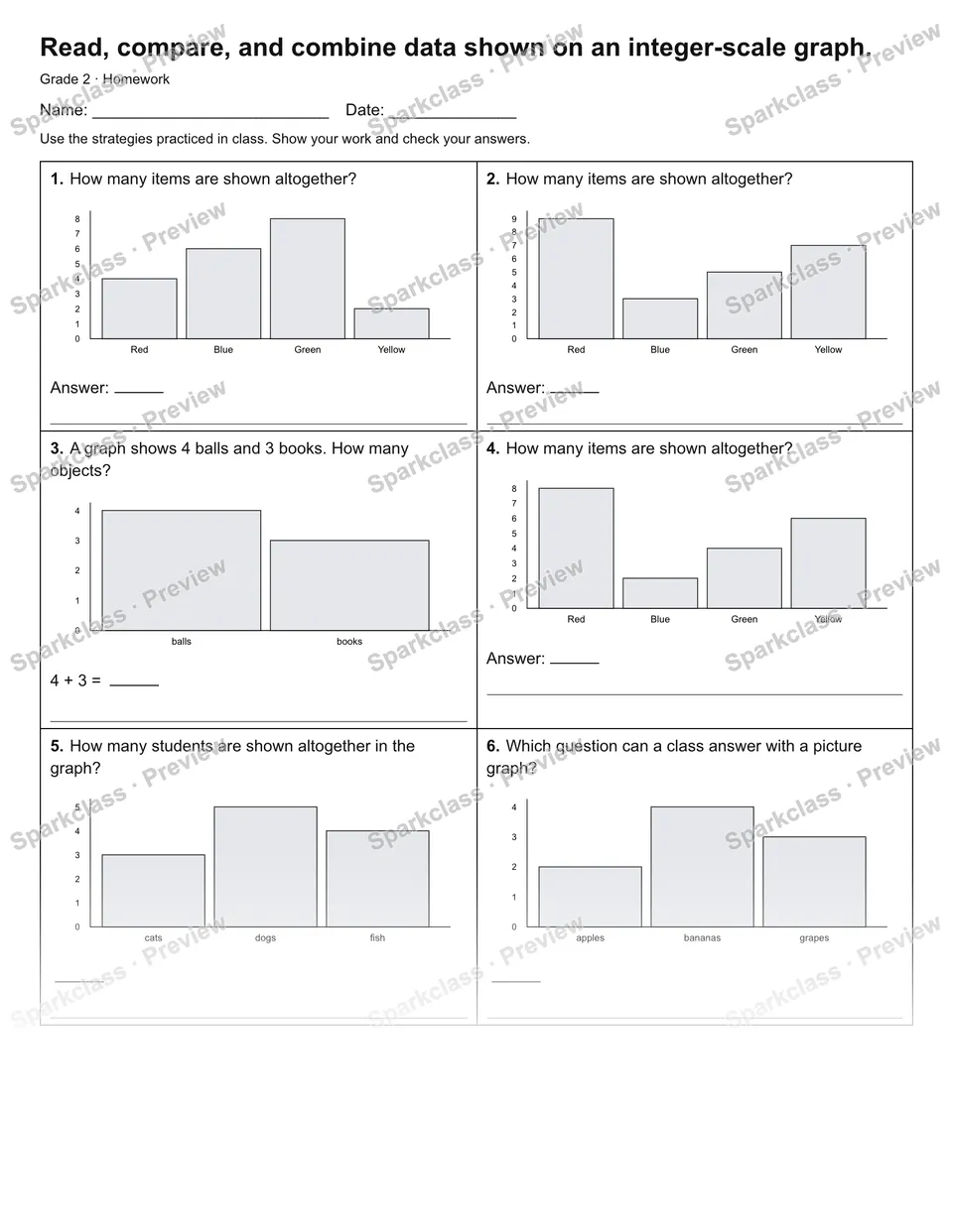 Read, compare, and combine data shown on an integer-scale graph. — Homework — page 1
