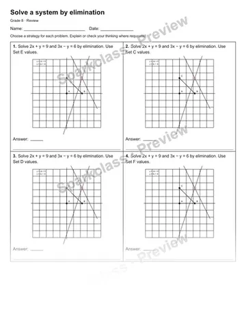 Solve a system by elimination — Review — Grade 8 worksheet preview
