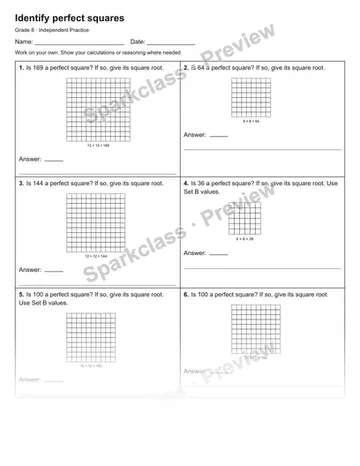 Identify perfect squares — Independent Practice — Grade 8 worksheet preview
