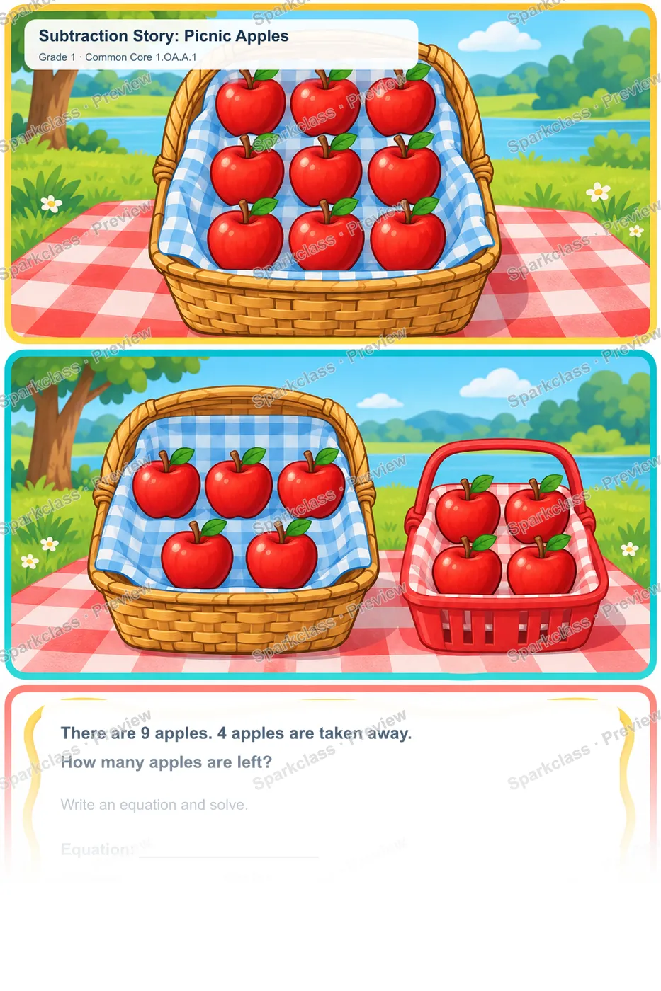 Subtraction Story: Picnic Apples — page 1