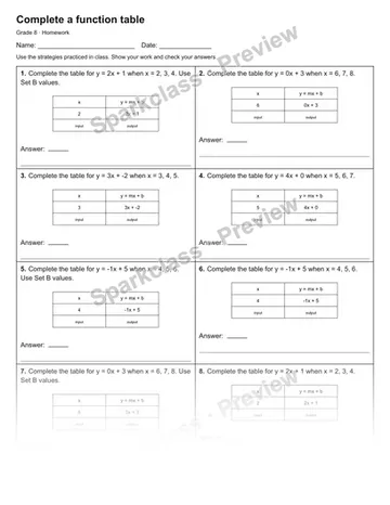 Complete a function table — Homework — Grade 8 worksheet preview