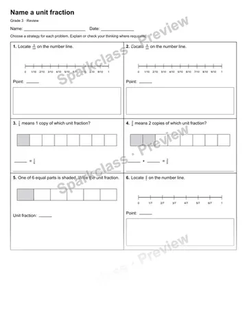 Name a unit fraction — Review — Grade 3 worksheet preview