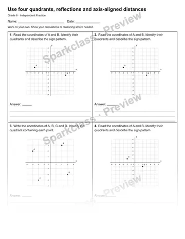Use four quadrants, reflections and axis-aligned distances — Independent Practice — Grade 6 worksheet preview