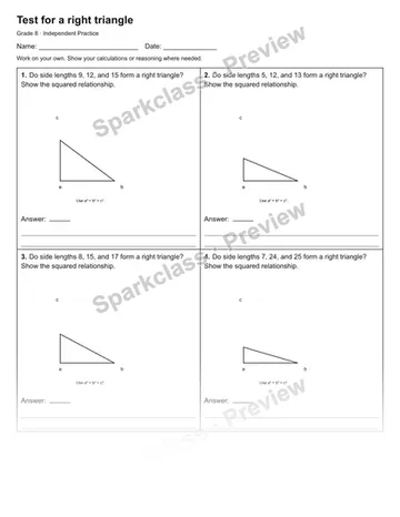 Test for a right triangle — Independent Practice — Grade 8 worksheet preview