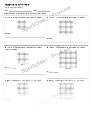 Interpret square roots — Independent Practice — Grade 8 worksheet preview