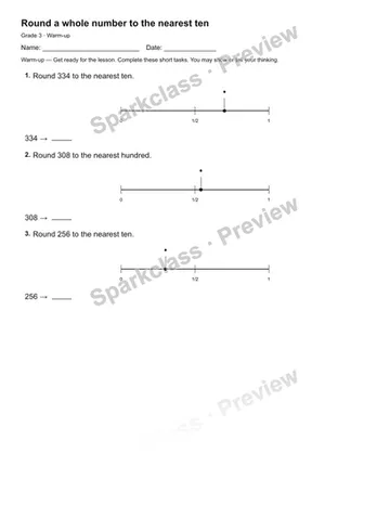 Round a whole number to the nearest ten — Warm-up — Grade 3 worksheet preview