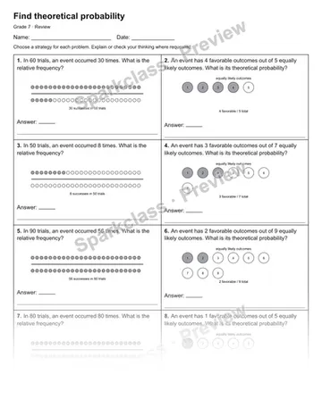 Find theoretical probability — Review — Grade 7 worksheet preview