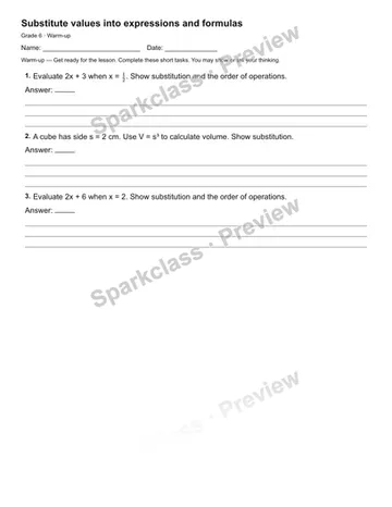 Substitute values into expressions and formulas — Warm-up — Grade 6 worksheet preview