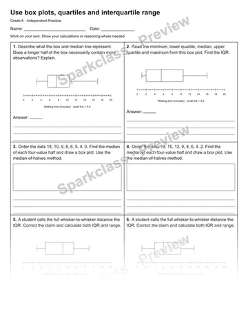 Use box plots, quartiles and interquartile range — Independent Practice — Grade 6 worksheet preview