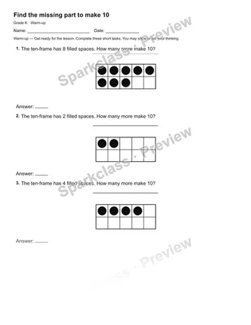 Find the missing part to make 10 — Warm-up — Kindergarten worksheet preview
