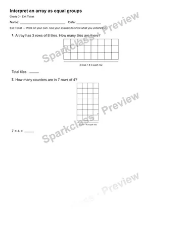 Interpret an array as equal groups — Exit Ticket — Grade 3 worksheet preview
