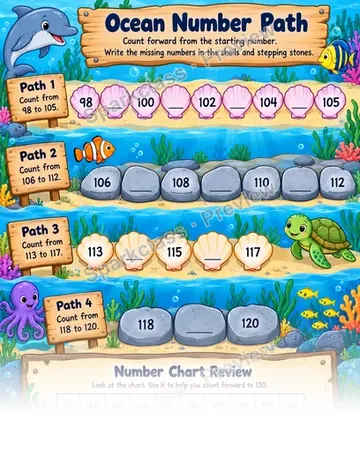 Ocean Number Path — Grade 1 worksheet preview
