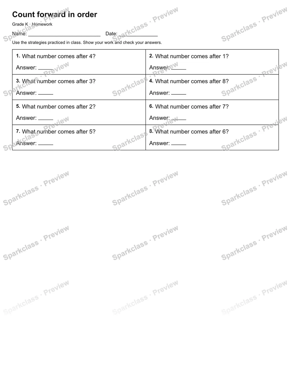 Count forward in order — Homework — page 1