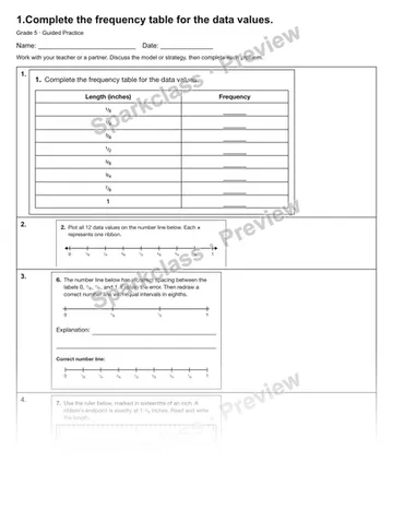 1.Complete the frequency table for the data values. — Guided Practice — Grade 5 worksheet preview