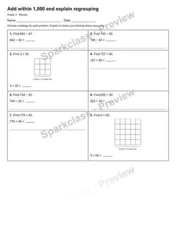 Add within 1,000 and explain regrouping — Review — Grade 3 worksheet preview