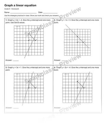 Graph a linear equation — Homework — Grade 8 worksheet preview