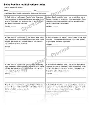 Solve fraction multiplication stories — Independent Practice — Grade 4 worksheet preview