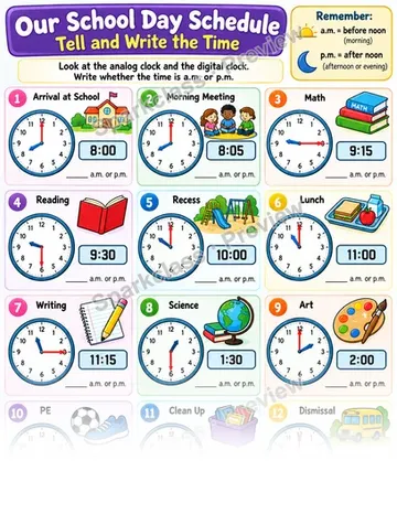 School Day Schedule · Tell Time to Five Minutes — Grade 2 worksheet preview