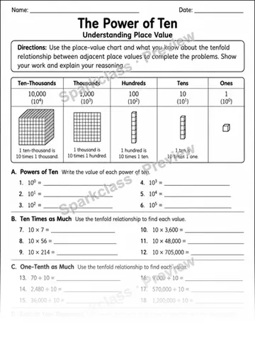 Tenfold Place Value — Grade 4 worksheet preview
