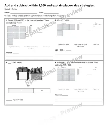 Add and subtract within 1,000 and explain place-value strategies. — Review — Grade 2 worksheet preview